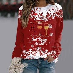 Three Red Wine Glasses Round Neck Raglan Sleeve Sweatshirt Christmas Print Long Sleeve Top