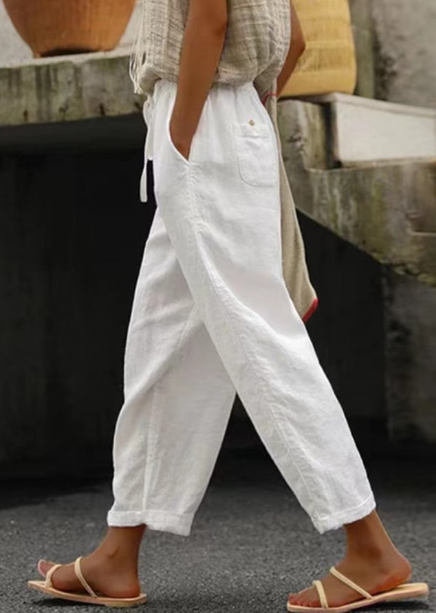 White Casual Sashes Loose Pants with Pockets
