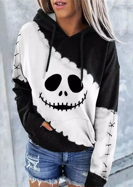 Halloween Color Block Ghost Face Kangaroo Pocket Hoodie