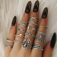 15Pcs Halloween Skull Spider Snake Alloy Ring Set