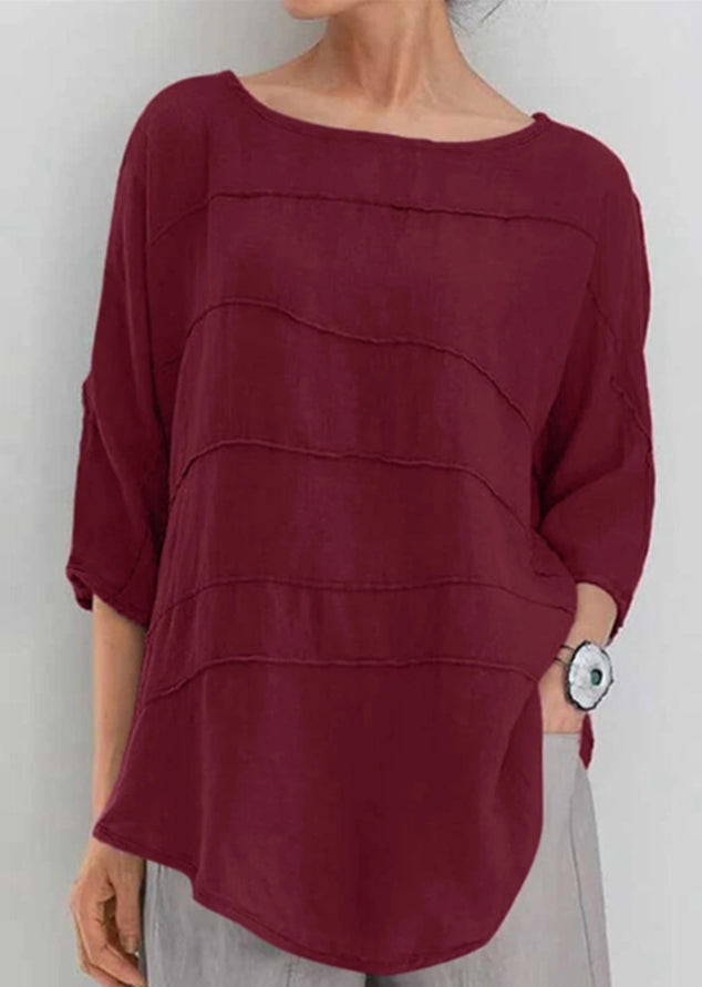 Red Casual Round Neck Solid Long Sleeve Blouse