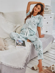 V-Neck Light Green Orchid Print Short-Sleeved Milk Silk Loungewear Suit