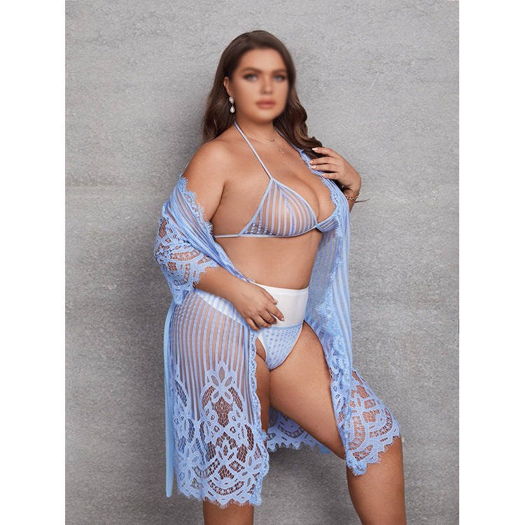 Plus Size See-Through Striped Sexy Transparent Lace Pajama Set