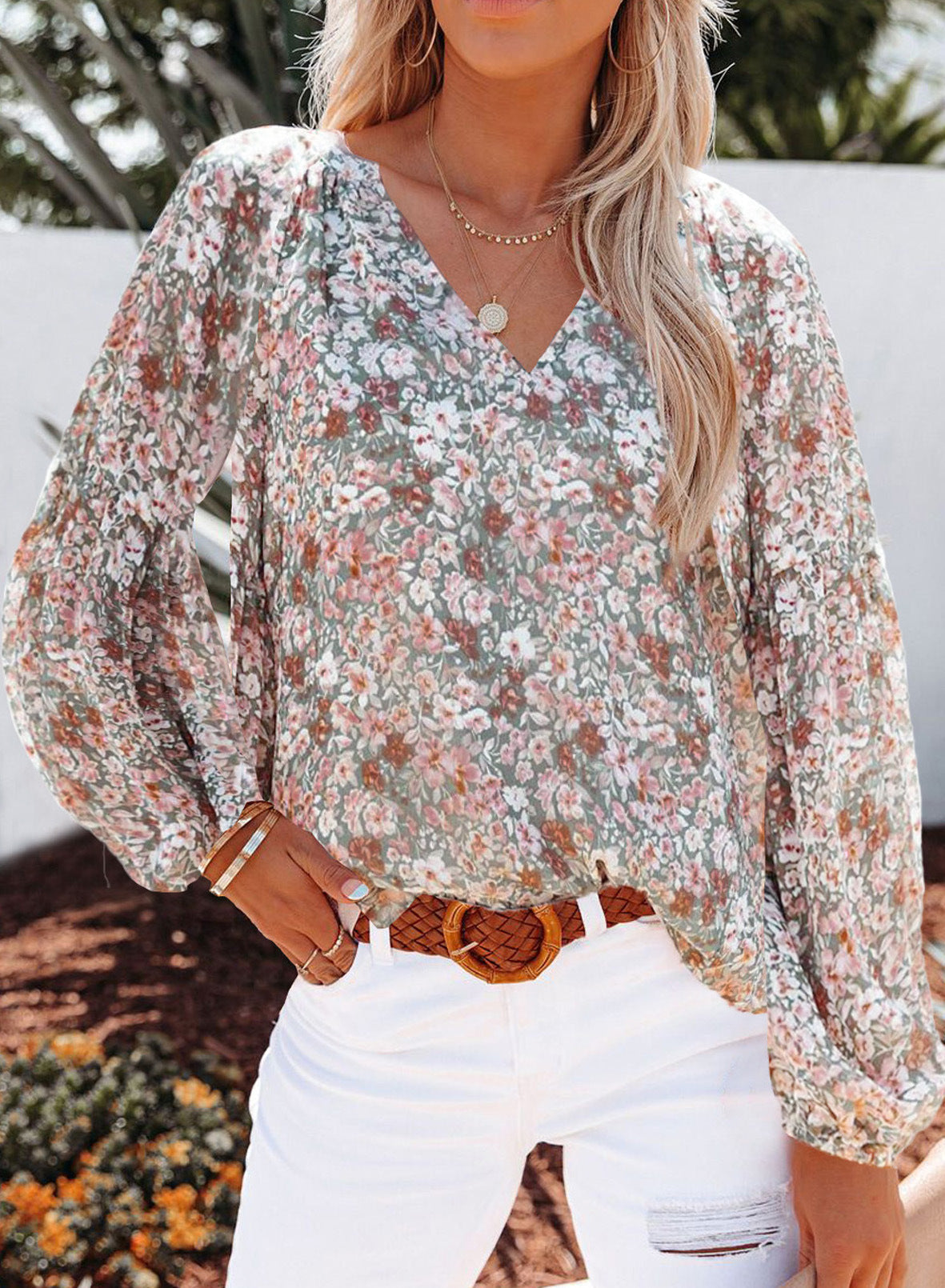 Long-Sleeved V-Neck Floral Chiffon Shirt