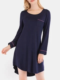 Plus Size Women Cotton Plain Long Sleeve High Low Hem Nightdress Pajamas With Pocket