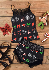 Christmas Hat Snowflake Lace Splicing Camisole And Shorts Pajamas Set