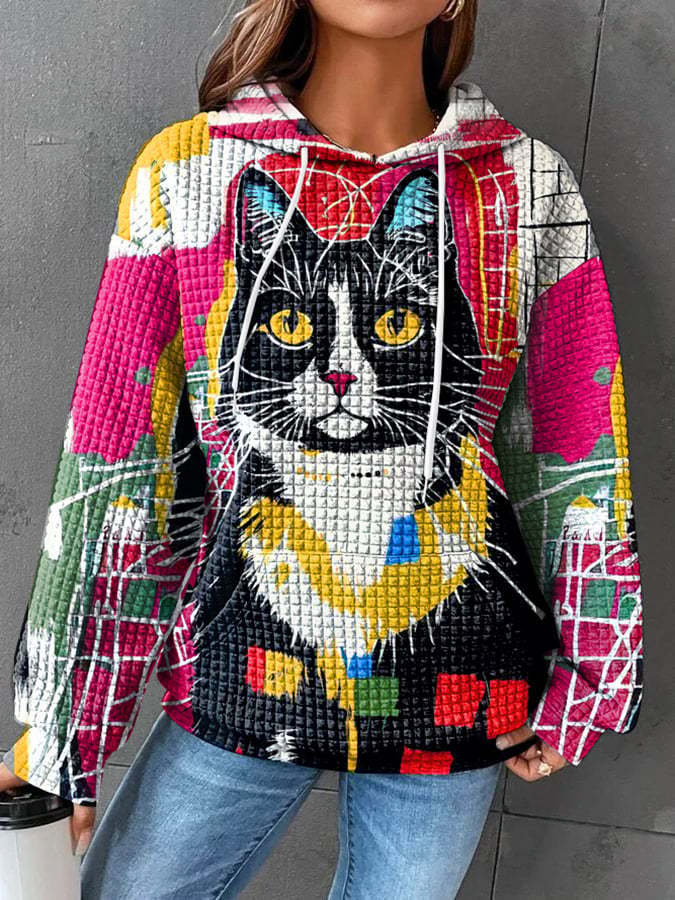 3D Colorful Cat Print Long Sleeve Hooded Casual Pullover