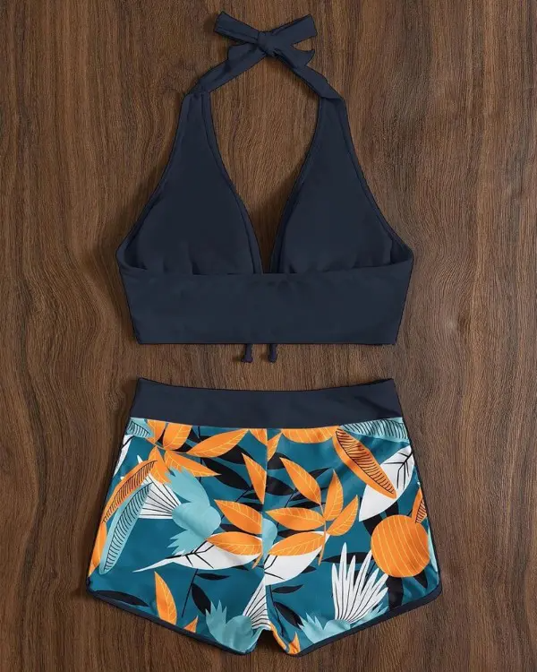 High Neck Sexy Leaf Print High Waist Halter Bikini Set