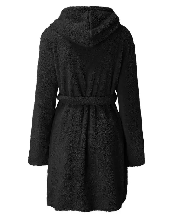 Pocket Design Hooded Belted Fluffy Robe