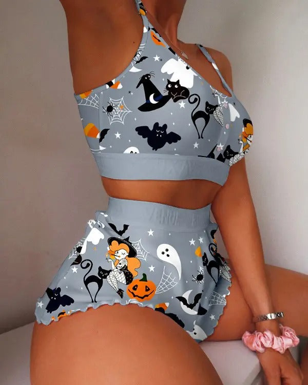 Halloween Graphic Print Lettuce Trim Cami Set