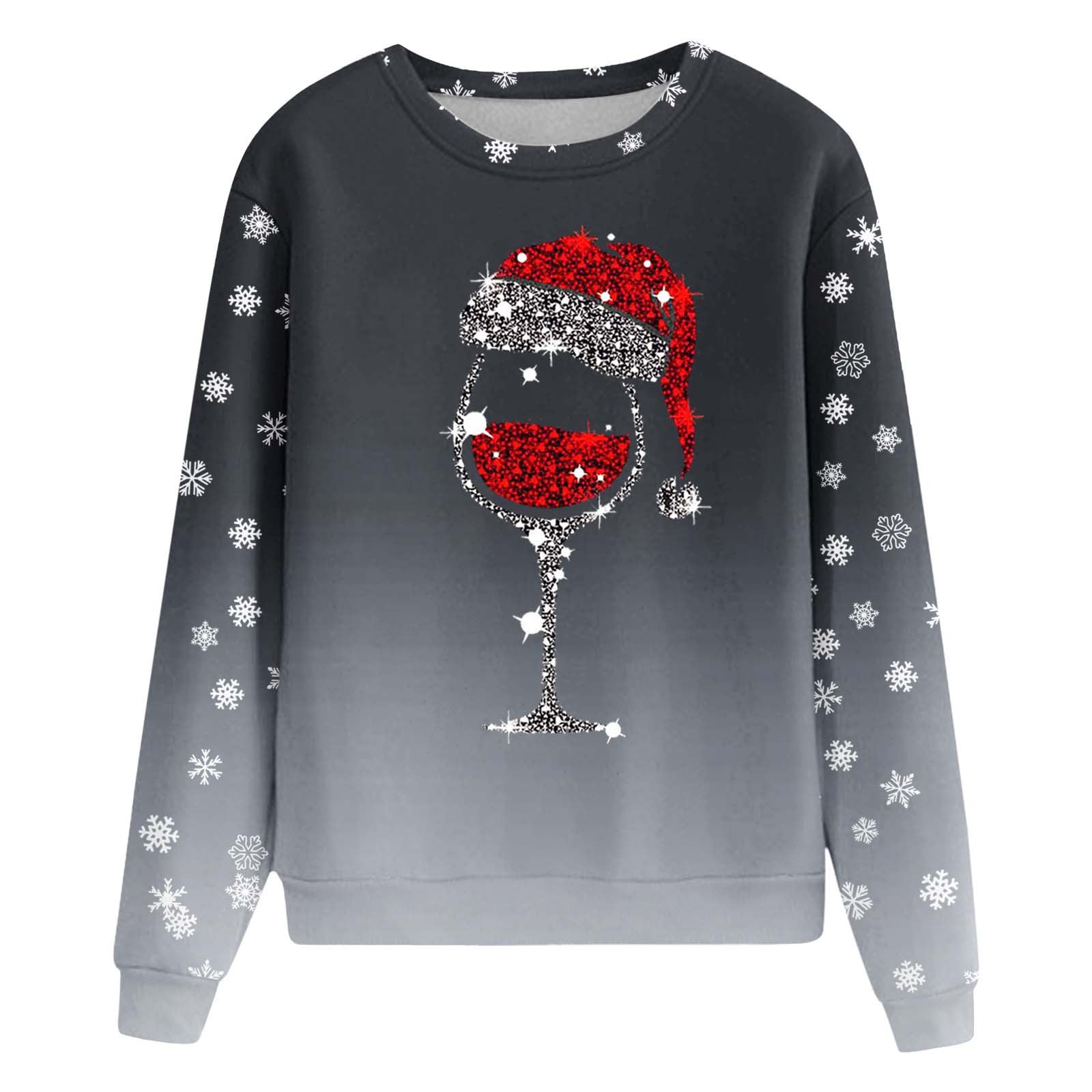 Christmas Red Wine Glass Print Long Sleeve Round Neck Ladies Top