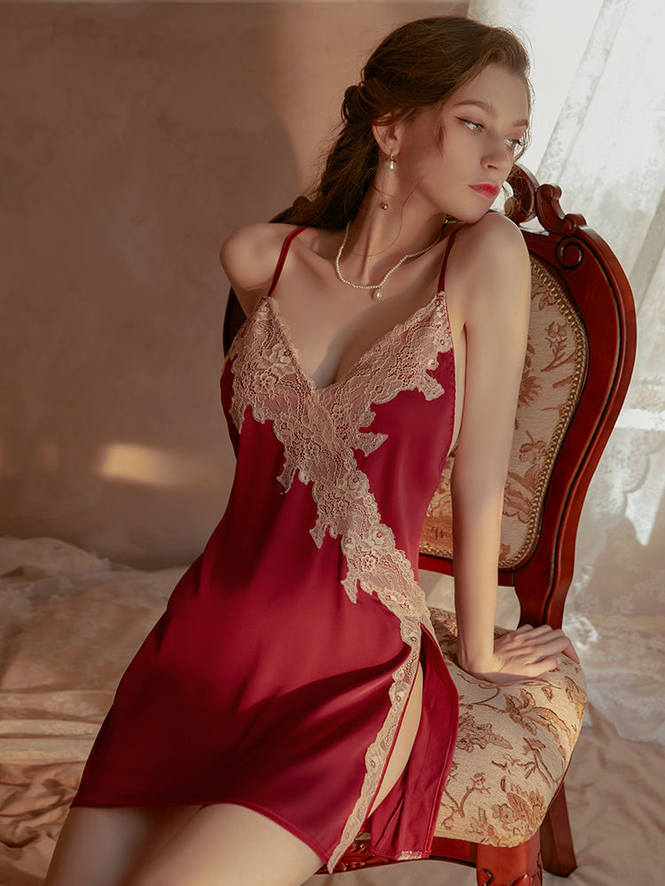 Sexy Split Lace Dress Sleeveless Red One-Piece Nightgown