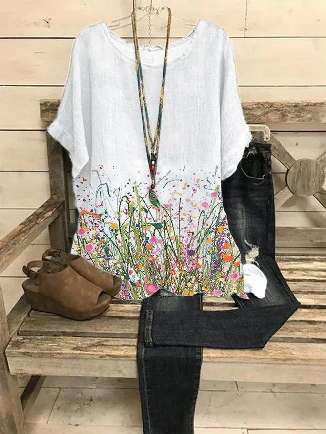 CREW NECK CASUAL FLORAL LINEN SHIRTS & TOPS