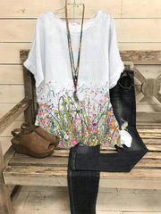 CREW NECK CASUAL FLORAL LINEN SHIRTS & TOPS