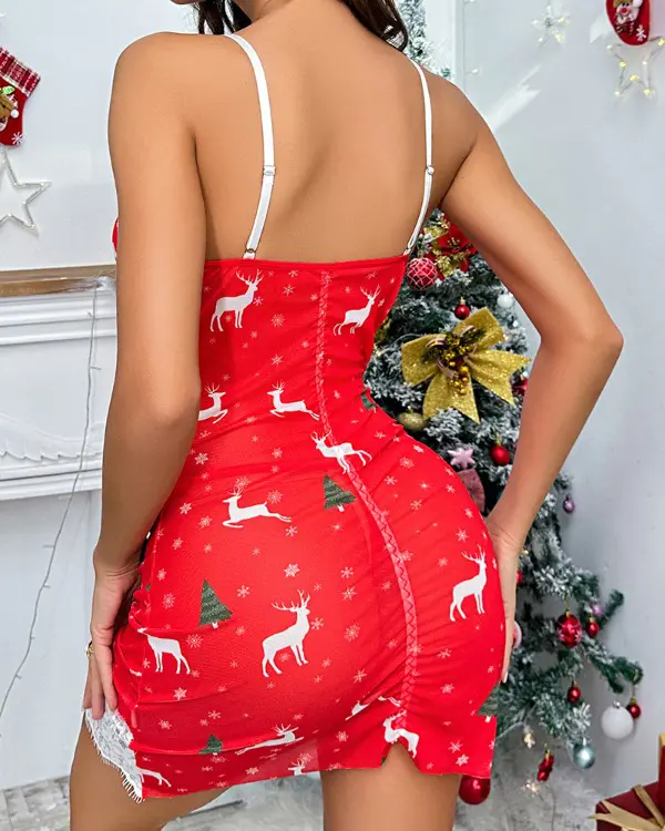 Christmas Tree Elk Snowflake Print Eyelash Lace Babydoll