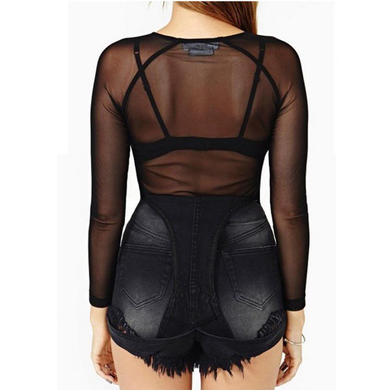 Black Fully Transparent Mesh Long-Sleeved Sexy Thin Mesh Top