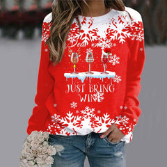 Three Red Wine Glasses Round Neck Raglan Sleeve Sweatshirt Christmas Print Long Sleeve Top