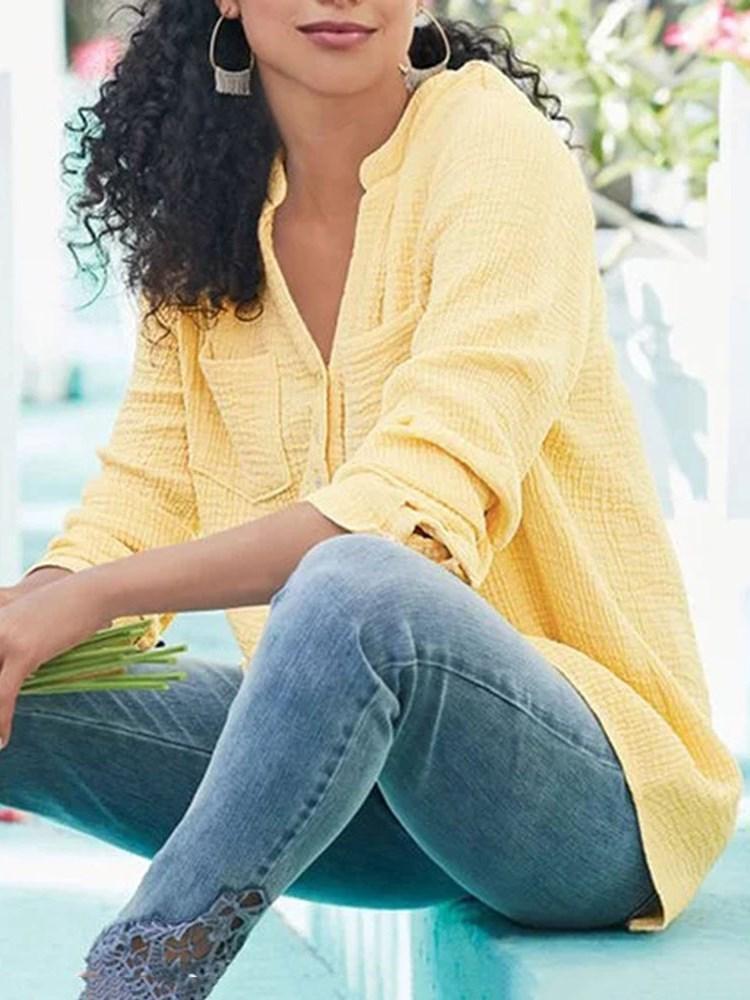 PLAIN REGULAR POCKET STANDARD NINE POINTS SLEEVE BLOUSE