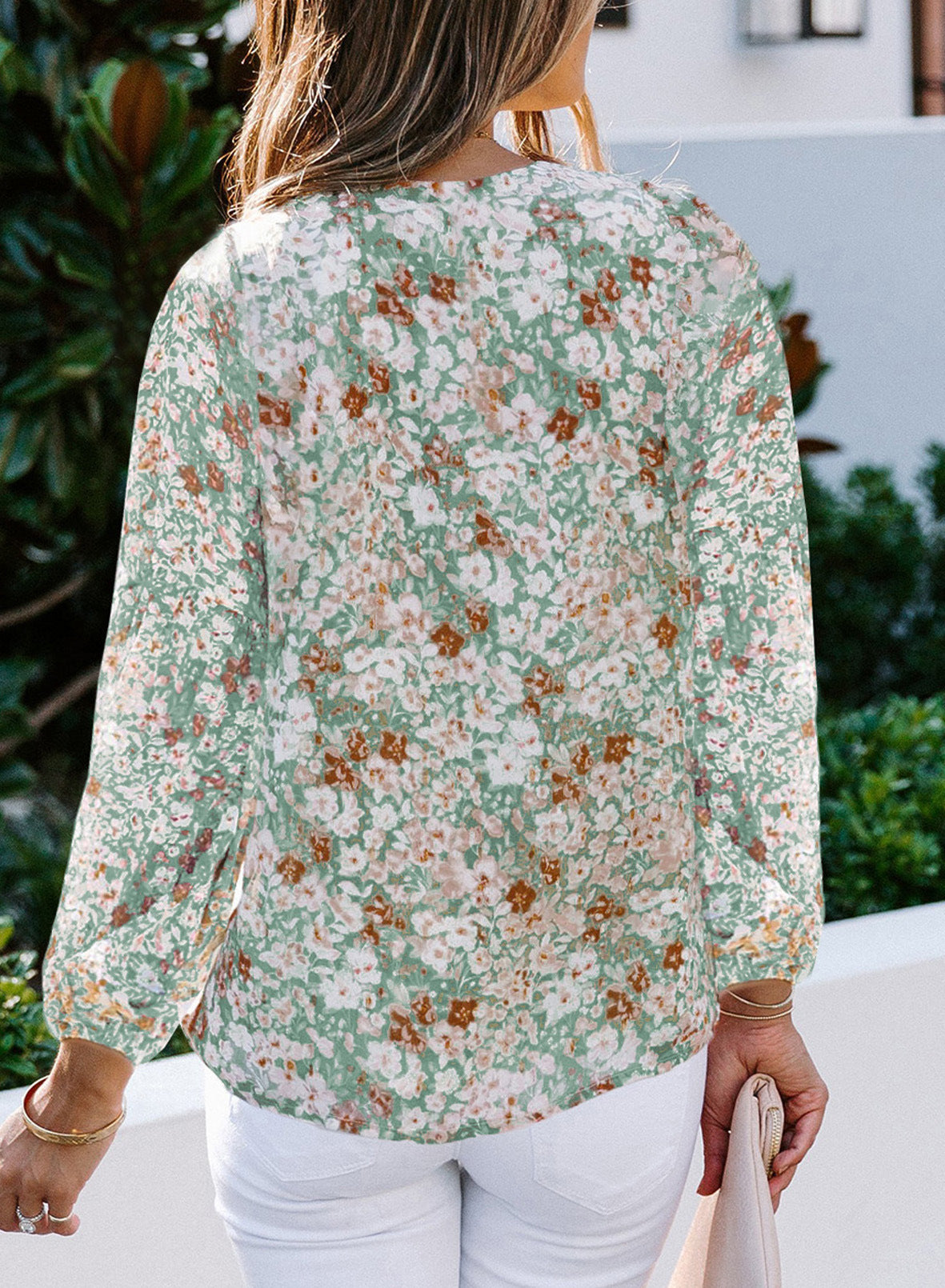 Long-Sleeved V-Neck Floral Chiffon Shirt