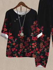 Black Floral Print Casual Two-piece Suits