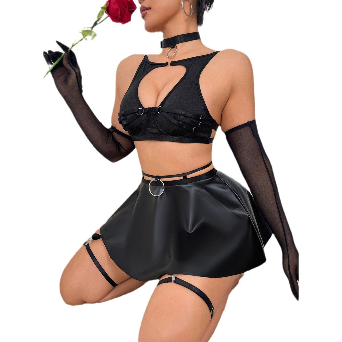 Sexy Bra Set Solid Color Leather Apron Garter Sexy Lingerie