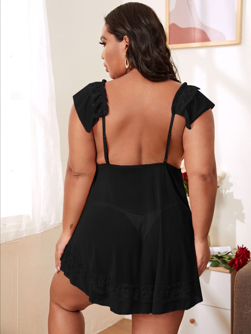 Plus Size See-through Sexy Deep V Temptation Backless Suspender Bow Sexy Nightgown