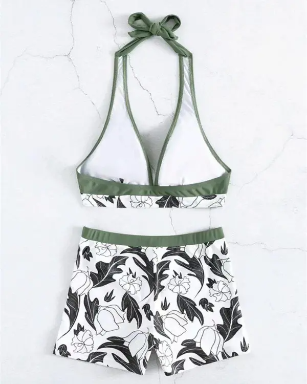 V-neck Plants Print High Waist Halter Bikini Set