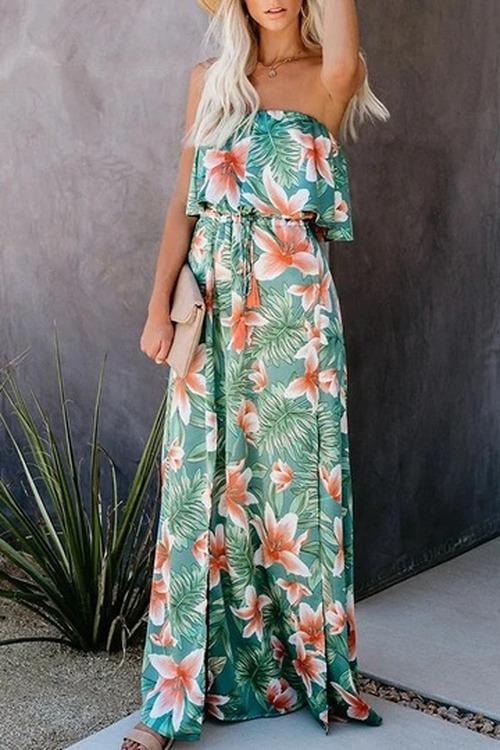 Rainforest Print Off-Shoulder Ruffle Split Dress