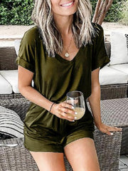 V Neck Casual Short Sleeve Romper