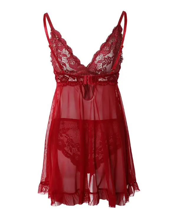 Bowknot Decor Sheer Mesh Lace Babydoll With Thong