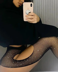 Rhinestone Fishnet Decor Crotchless Stockings