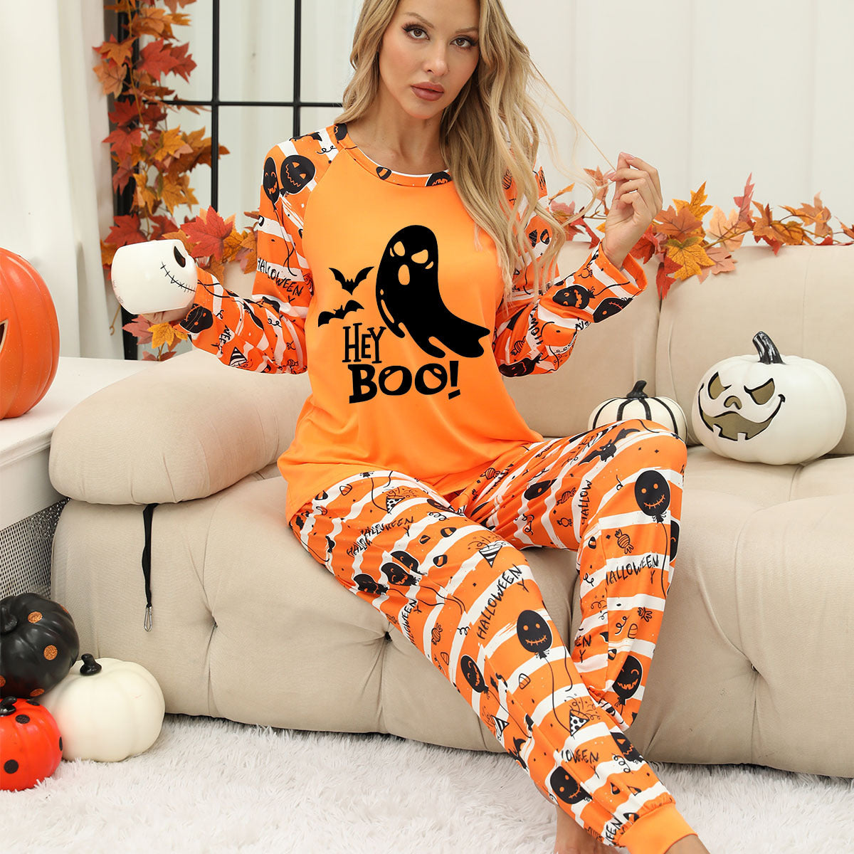 Halloween Women's Printed Autumn And Winter Long-Sleeved Trousers Home Wear Suit