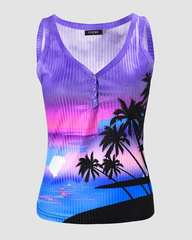 Landscape Hawaiian Palm Tree Print Ribbed Tank Top