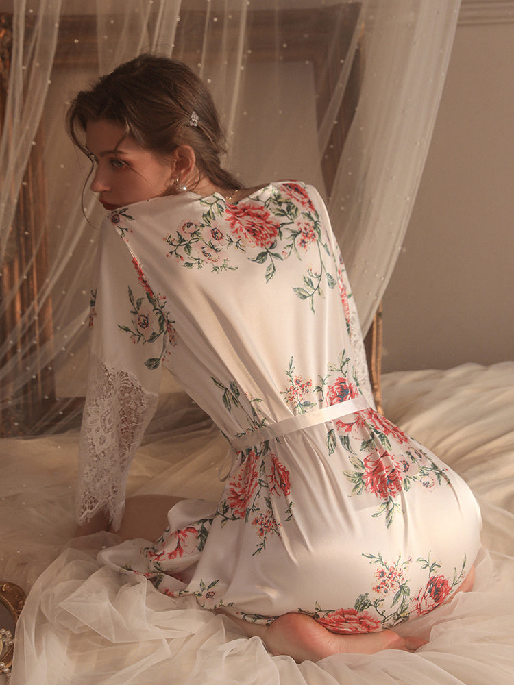 V-Neck 3/4 Sleeves Flowers Printing One-Piece Robe