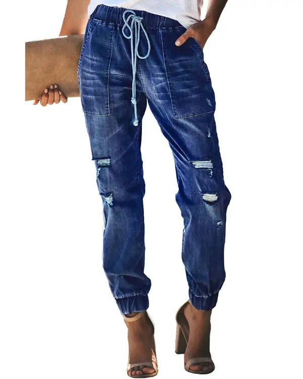 Drawstring Ripped Pocket Design Jeans