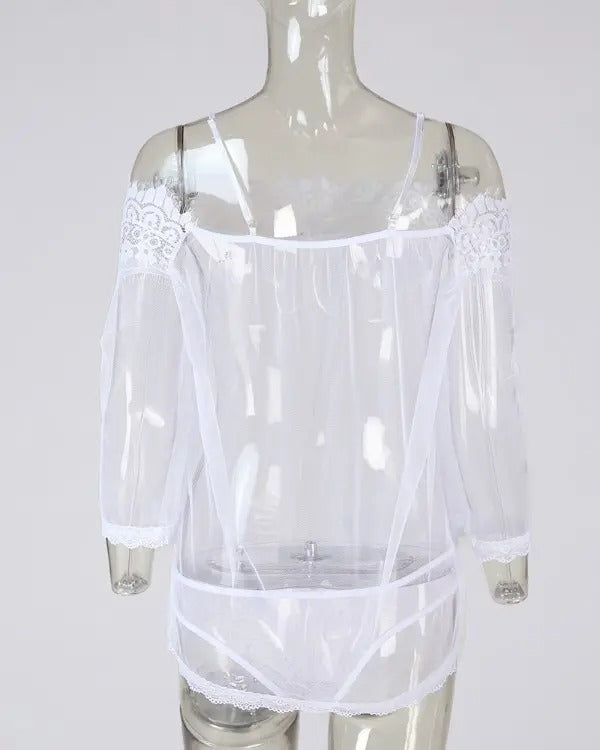 Cold Shoulder Eyelash Lace Sheer Mesh Babydoll