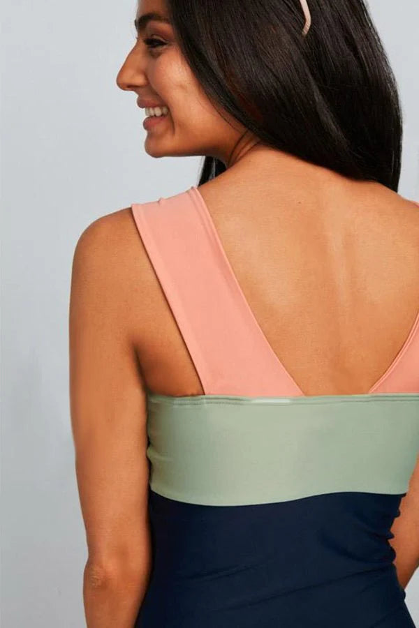 Square Neck Pink Strap Color block One Piece Paradise