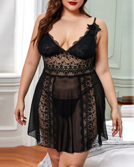 Plus Size Sheer Mesh Lace Babydoll With Panty