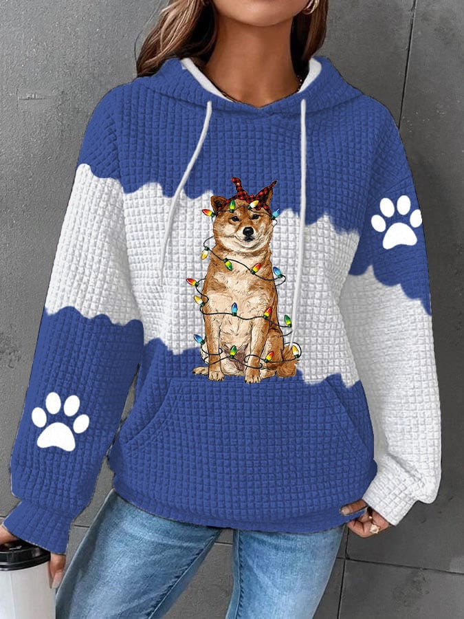 Blue Dog Print Long Sleeve Hooded Sweatshirt