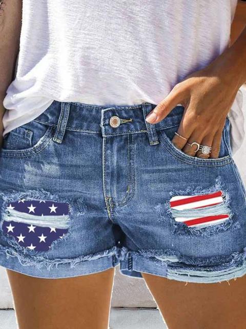 American Flag Printed Low Waist Denim Shorts