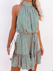 Floral Print Halter with Wooden Ears Mini Dress