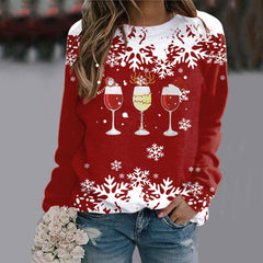 Three Red Wine Glasses Round Neck Raglan Sleeve Sweatshirt Christmas Print Long Sleeve Top