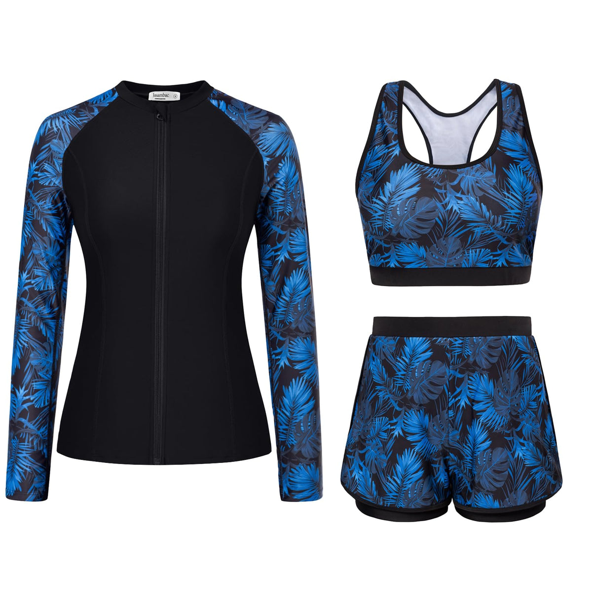 Black-blue Palm Leaves 3 Piece Rash Guard Long Sleeve Swimsuits with Boyshorts Zip Up UPF 50+ Swim Shirt Built in Bra