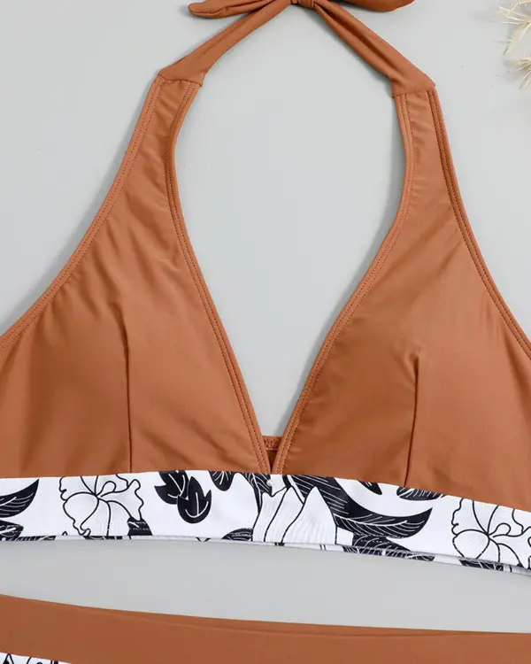 V-neck Plants Print High Waist Halter Bikini Set