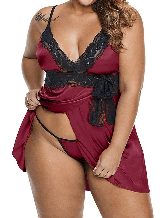 Plus Size Lingerie Dress Lace Panel Plunging Neck Bowknot Colorblock Lingerie