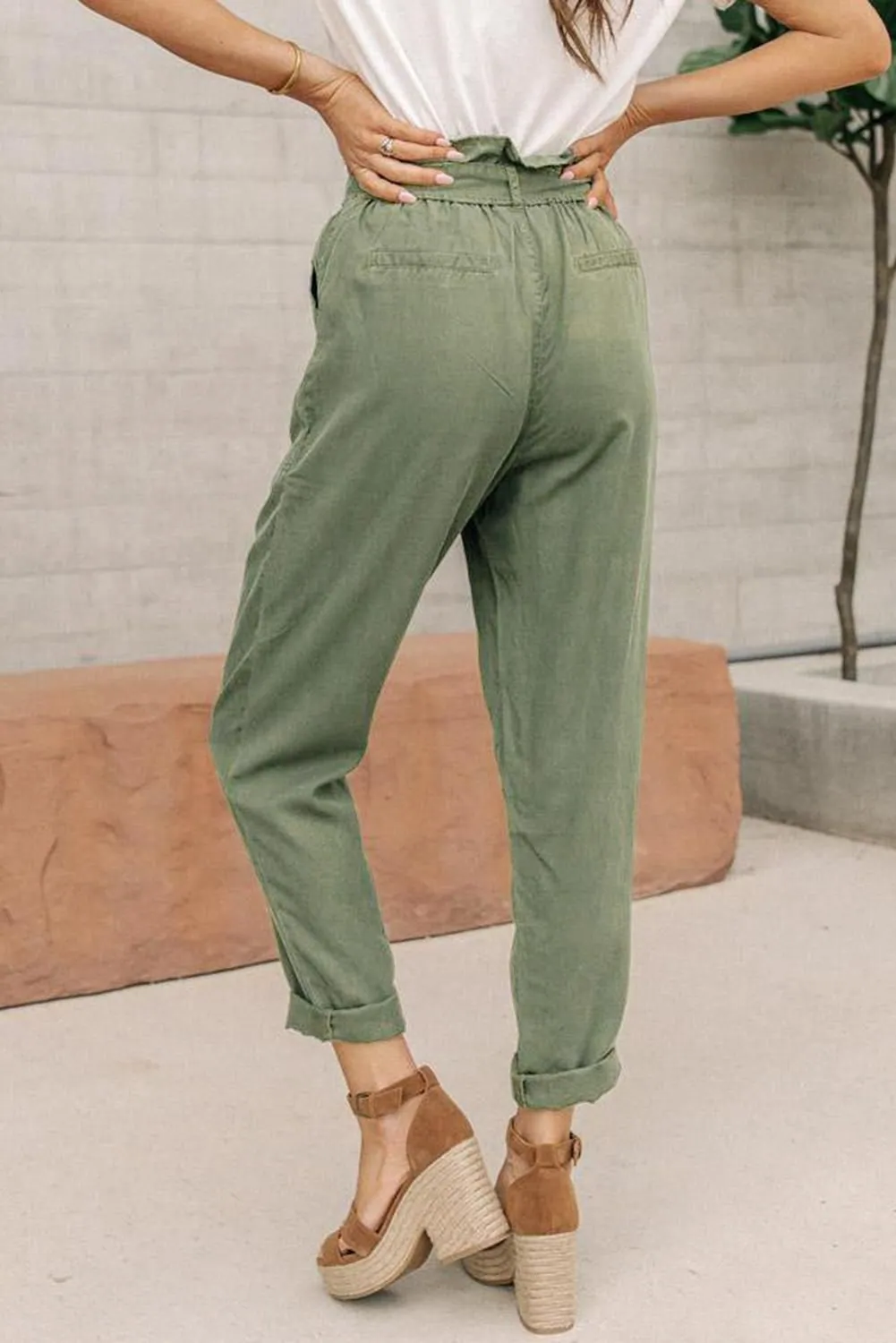 Gray Paper Bag Elastic Waist Casual Pants