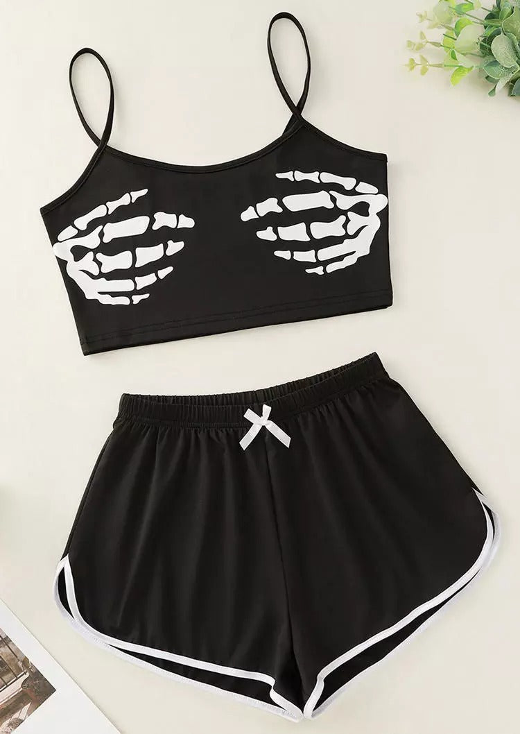 Halloween Skeleton Hand Camisole And Shorts Pajamas Set - Black