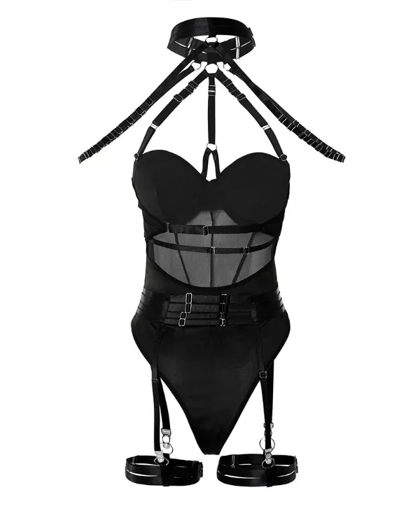 Halter Backless Sheer Mesh Garter Teddy With Leg Rings