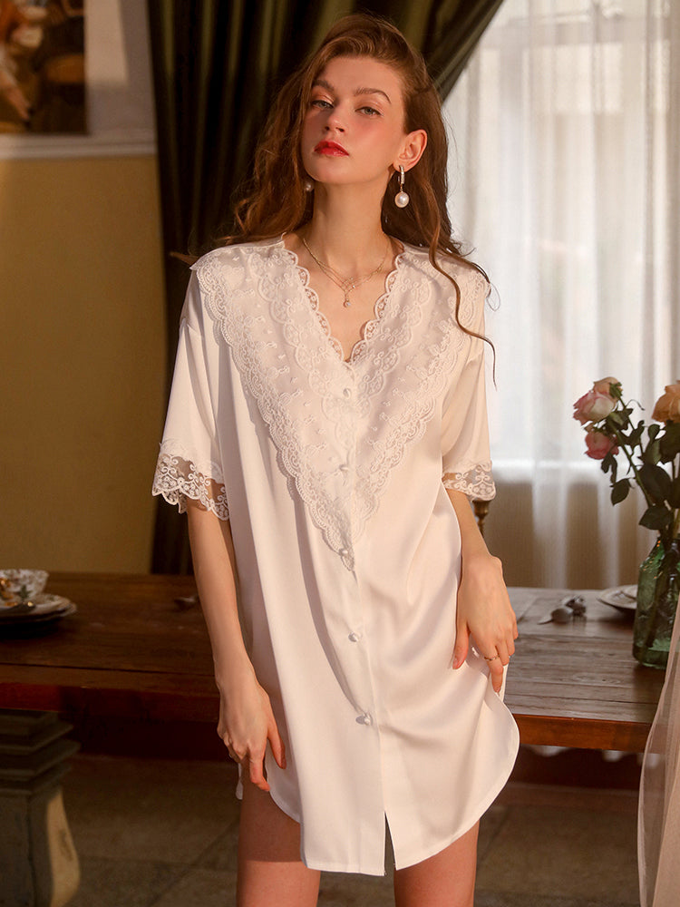 Sweet Sexy Lace Short Sleeves White One-Piece Nightgown