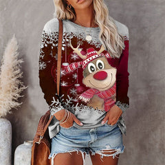 Burgundy Printed Round Neck Christmas Long Sleeve Top